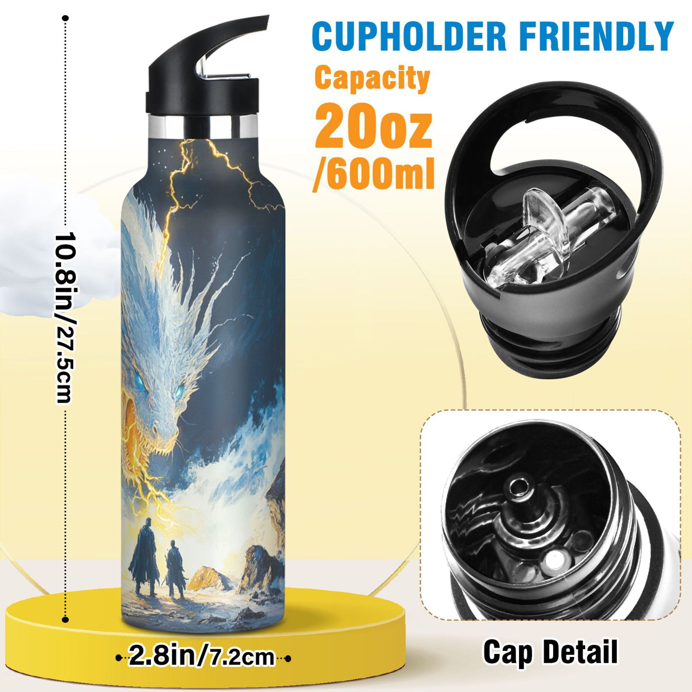 600ML Stainless Steel Insulated Cup Sports Water Bottle Portable Thermos Cup Water Glasses Insulated Tumblers Convenient and Durable White Lightning Dragon
