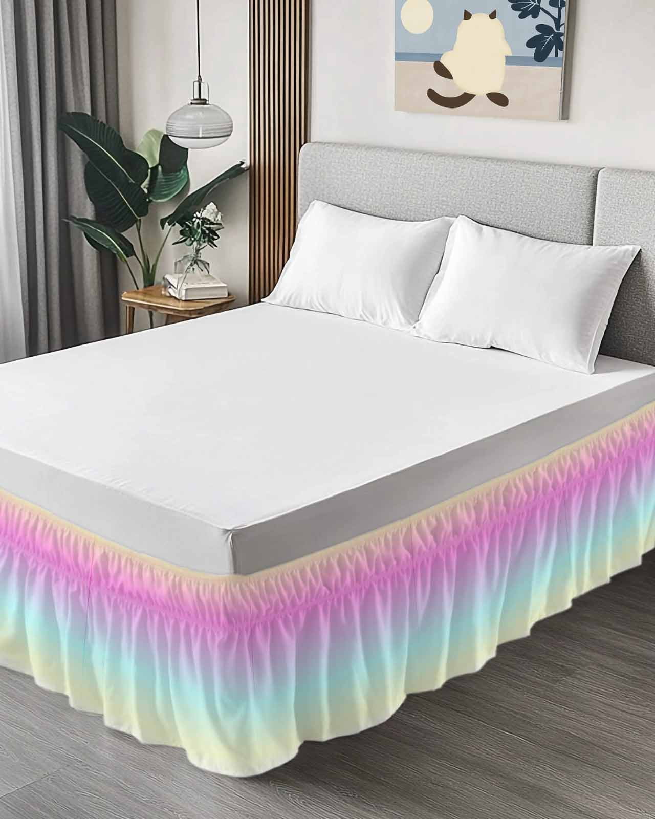 Pink Blue Bed Skirt King Size 16" Drop Purple Yellow Gradient Ruffled Wrap Around Bed Skirts Adjustable Elastic Bedskirt Dust Ruffle for King Size Bed