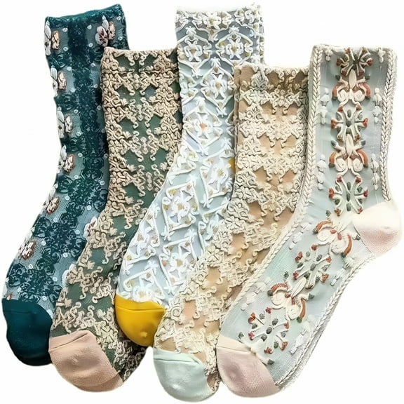 TELOLY 10 pairs Womens Floral Cotton Socks Vintage Embroidered Floral Socks Cute 3D Textured Cotton Socks Fashion & Leisure Socks (G)
