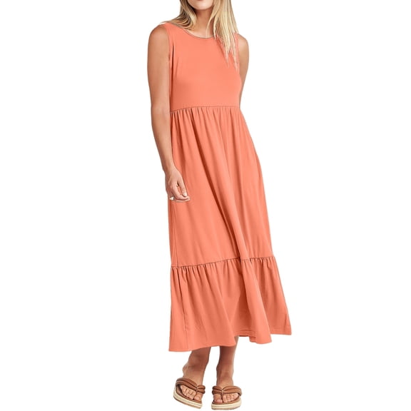 Women Summer Casual Sleeveless Crewneck Sundress Aline Flowy Tiered Maxi Long Beach Dress Tangerine Color S
