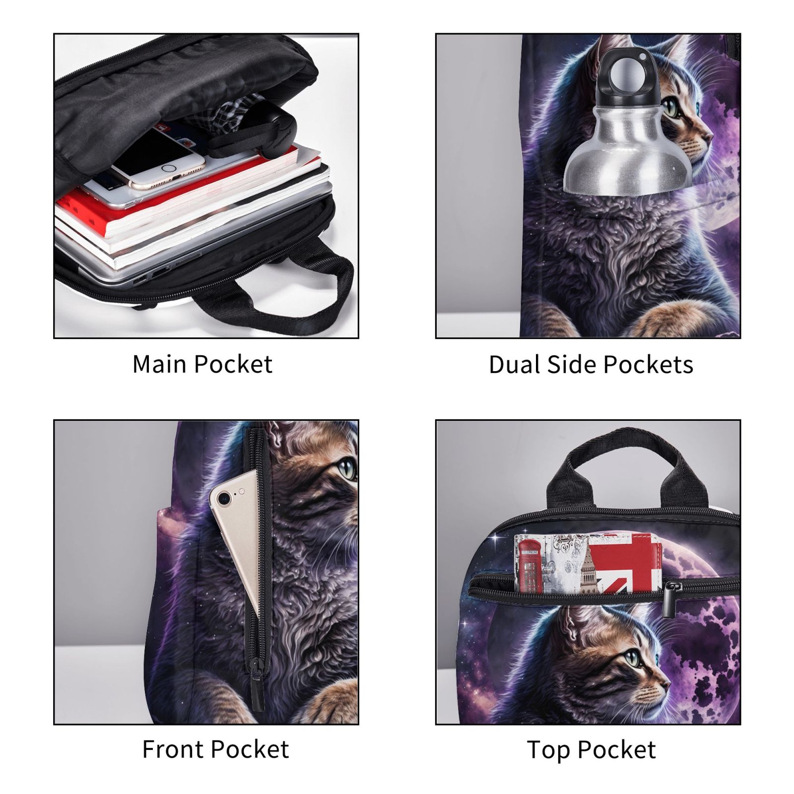 Hirioo Purple Moon Cat for Lightweight Backpack, Durable and Comfortable, Ideal for Travel, School, Hiking, and Everyday Use