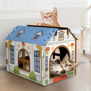 SEKAM Cardboard Cat House with Scratcher/Catnip, (16.5''L x 12''W x 13''H) Cat Play House for Indoor Cats, Cat Scratching Toy, Cat Hideaway Furniture for Cat Birthday, Hideout for Bunny Small Animals