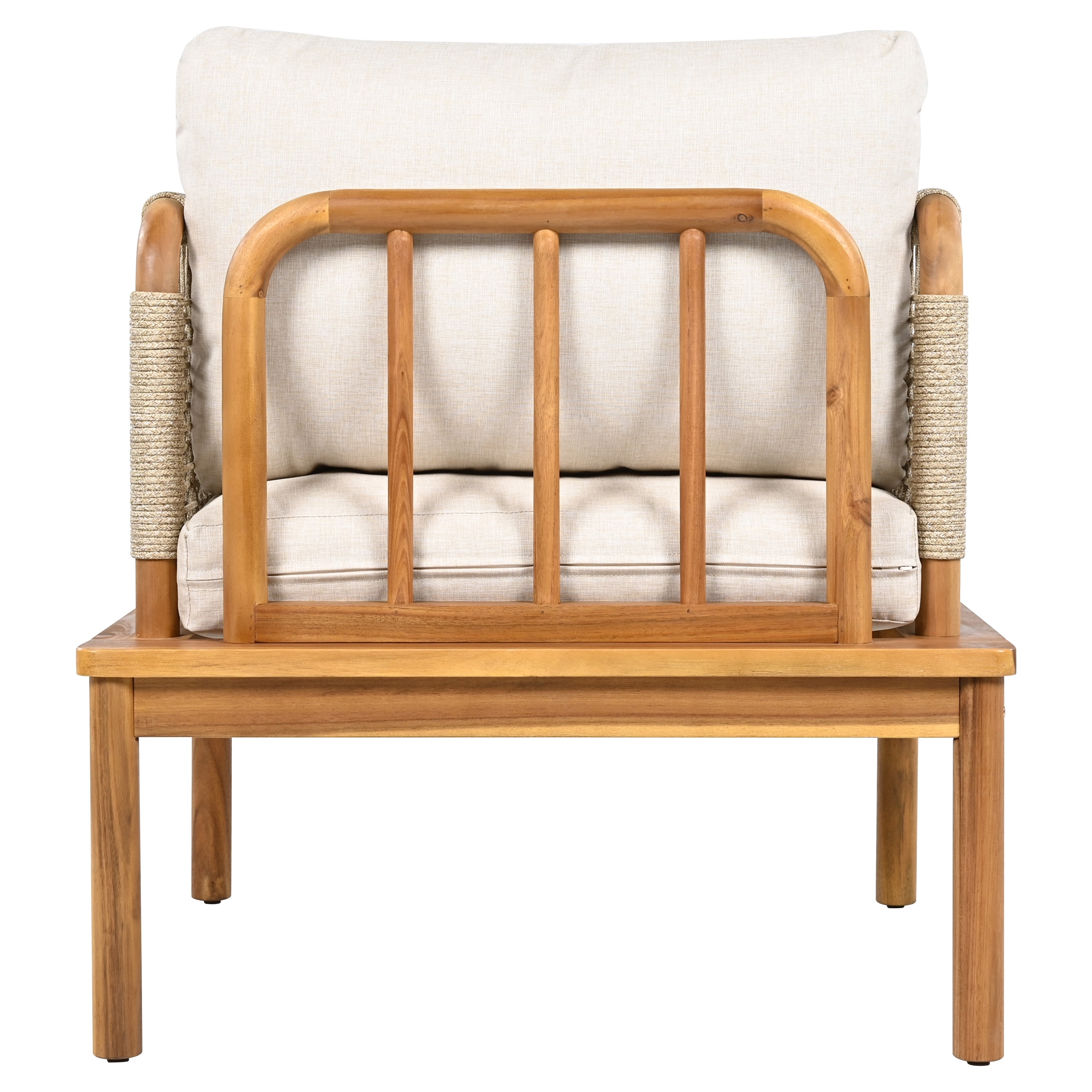 Outdoor Acacia Wood & Rope Club Chair with Plush Cushion, Weather-Resistant Patio Lounge Chair for Garden Porch Backyard, Teak+Beige