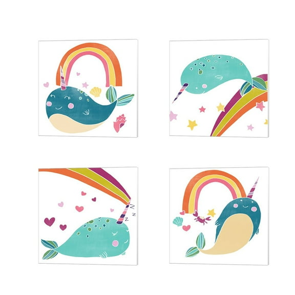 Great Art Now Happy Narwals by June Erica Vess 4 Piece Canvas Art Set Each 14W x 14H