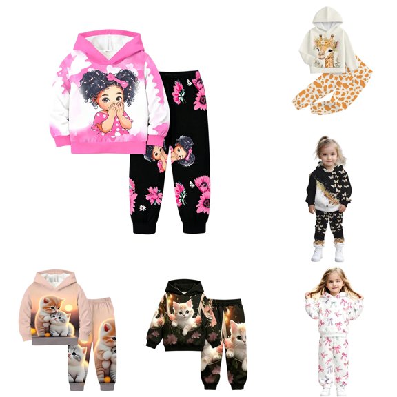 LIIPEE Autumn Winter Outfit Sets For Girls Cartoon Graphic Long Sleeve Pullover Hoodies And Sweatpants 2 Piece Set Kids Casual Comfortable Cute Outfits,7-8 Years