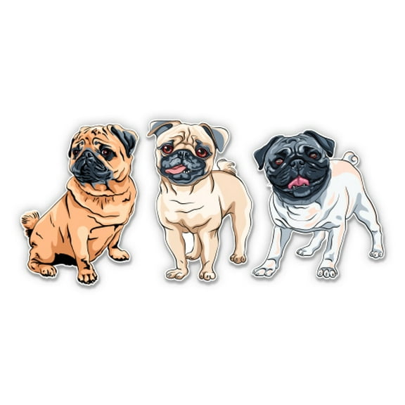 Pugs Set of 3 - 2" Each Vinyl Stickers - For Car Laptop Water Bottle Phone - Waterproof Decals