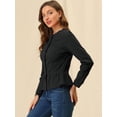 thumbnail image 4 of Chaqueta de mezclilla con cuello redondo y botones de manga larga con volante recortado y peplum para mujer Negros S, 4 of 6