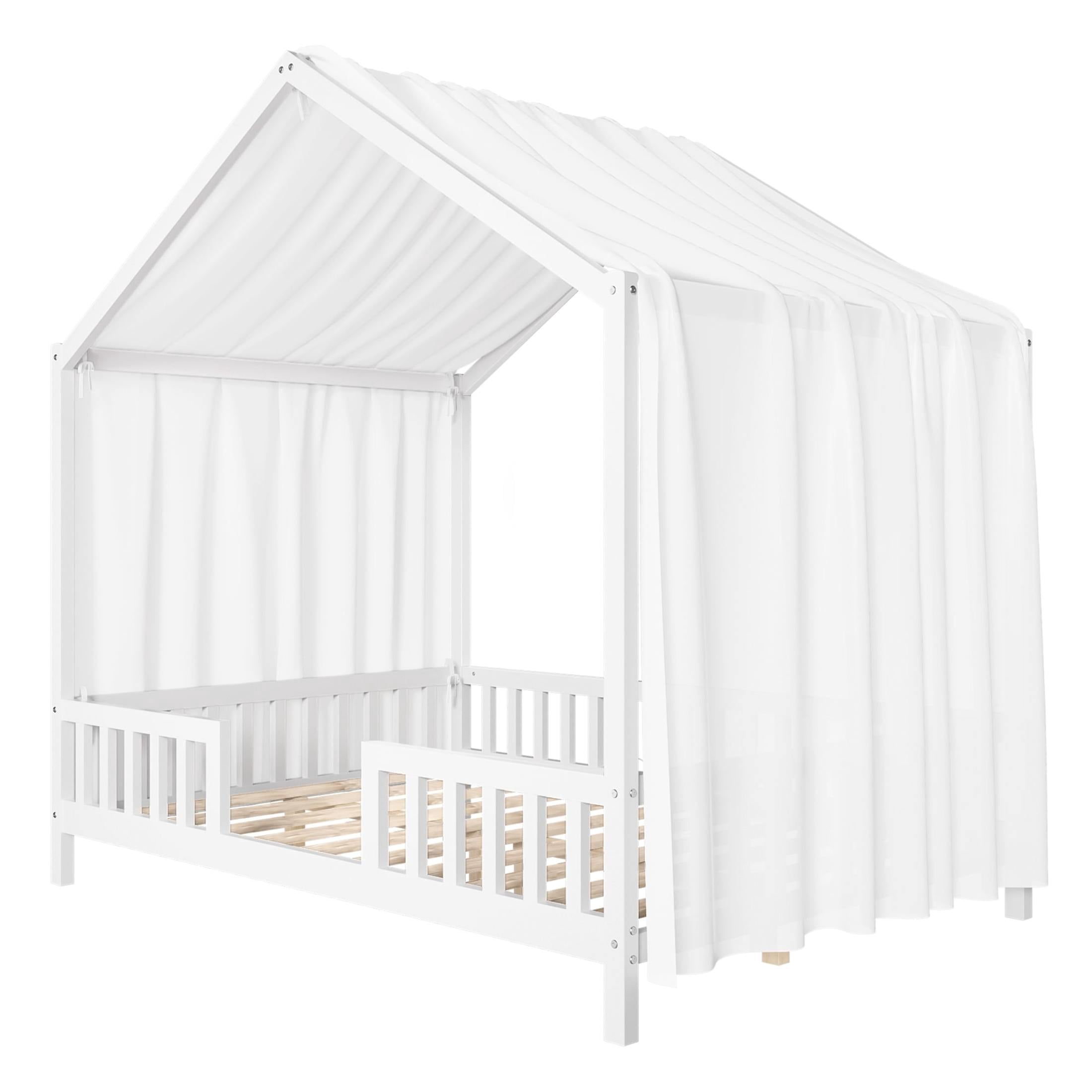Noble House Full Floor Bed with Canopy and Guardrails, Wood House Bed Frame for Kids, White