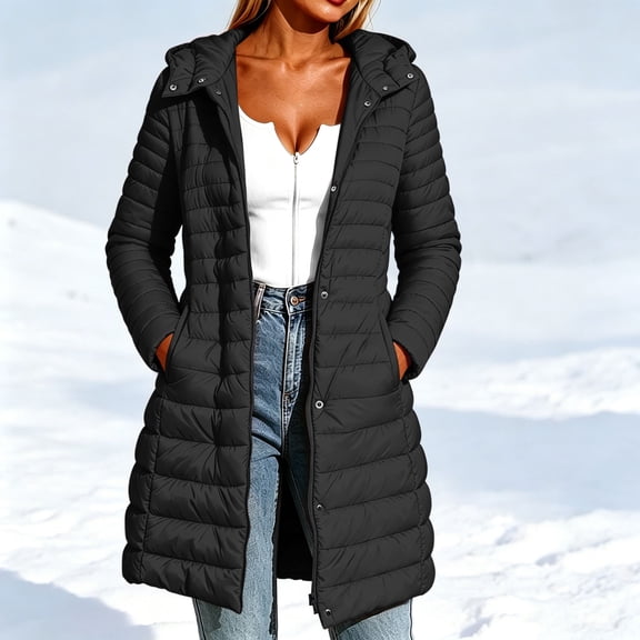 MOONDU Women's Puffer Jacket Quilted Hooded Zip Up Mid Length Snap Button Lightweight Warm Winter Coat with Pockets Casual Fall Winter Daily Wear