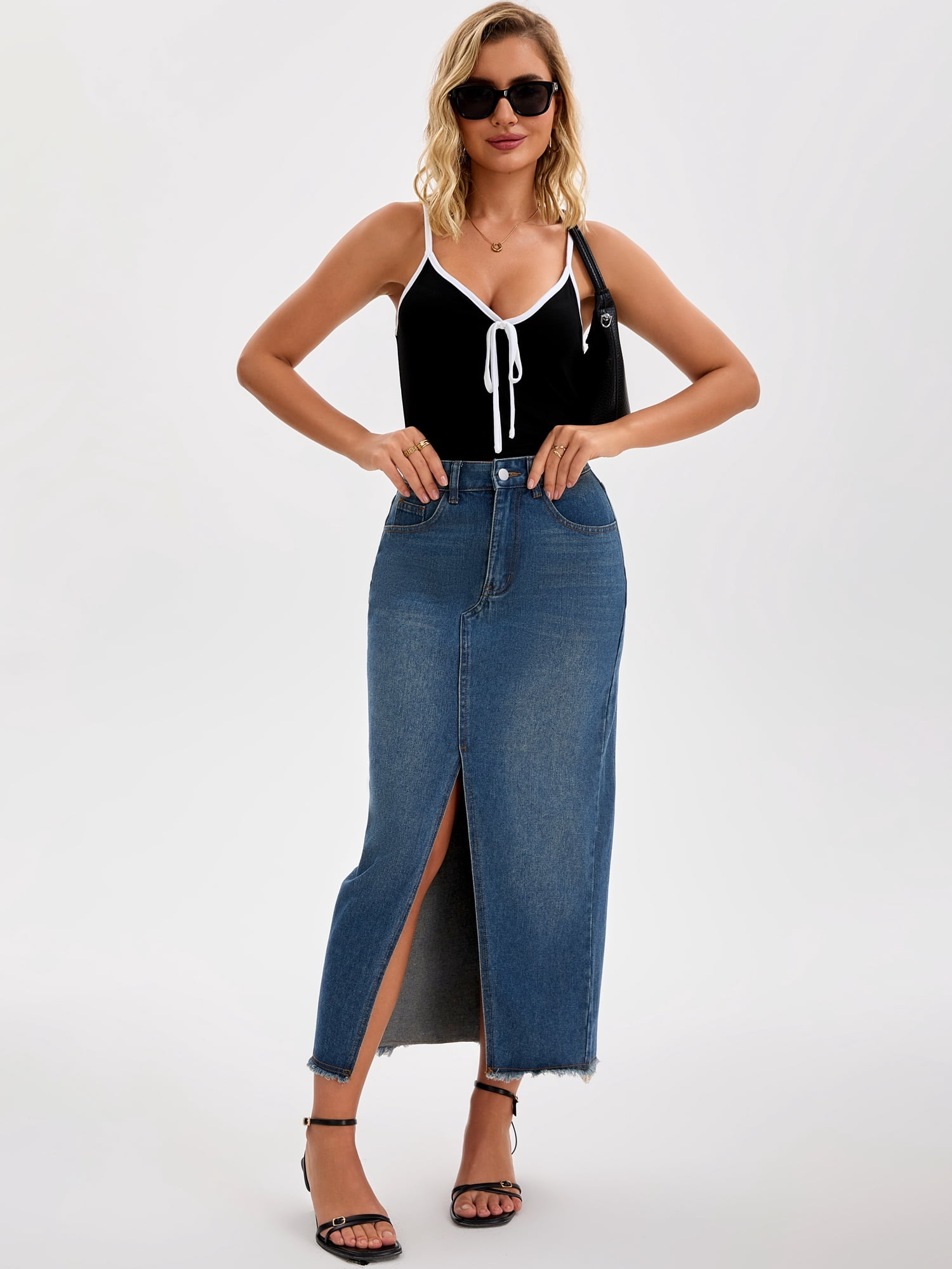 DARING DIVA Women's Denim Split Front Raw Hem Washed Maxi Jean Skirts XX-Large Retro Blue