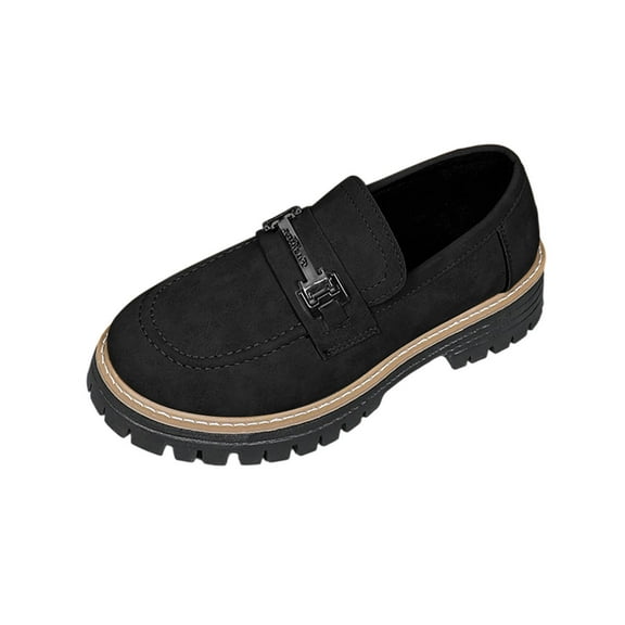 Black Women'S Casual Loafers With A Metal Buckle Accent, Round Toe, Low Heel, Slip-On Design For Easy Wear