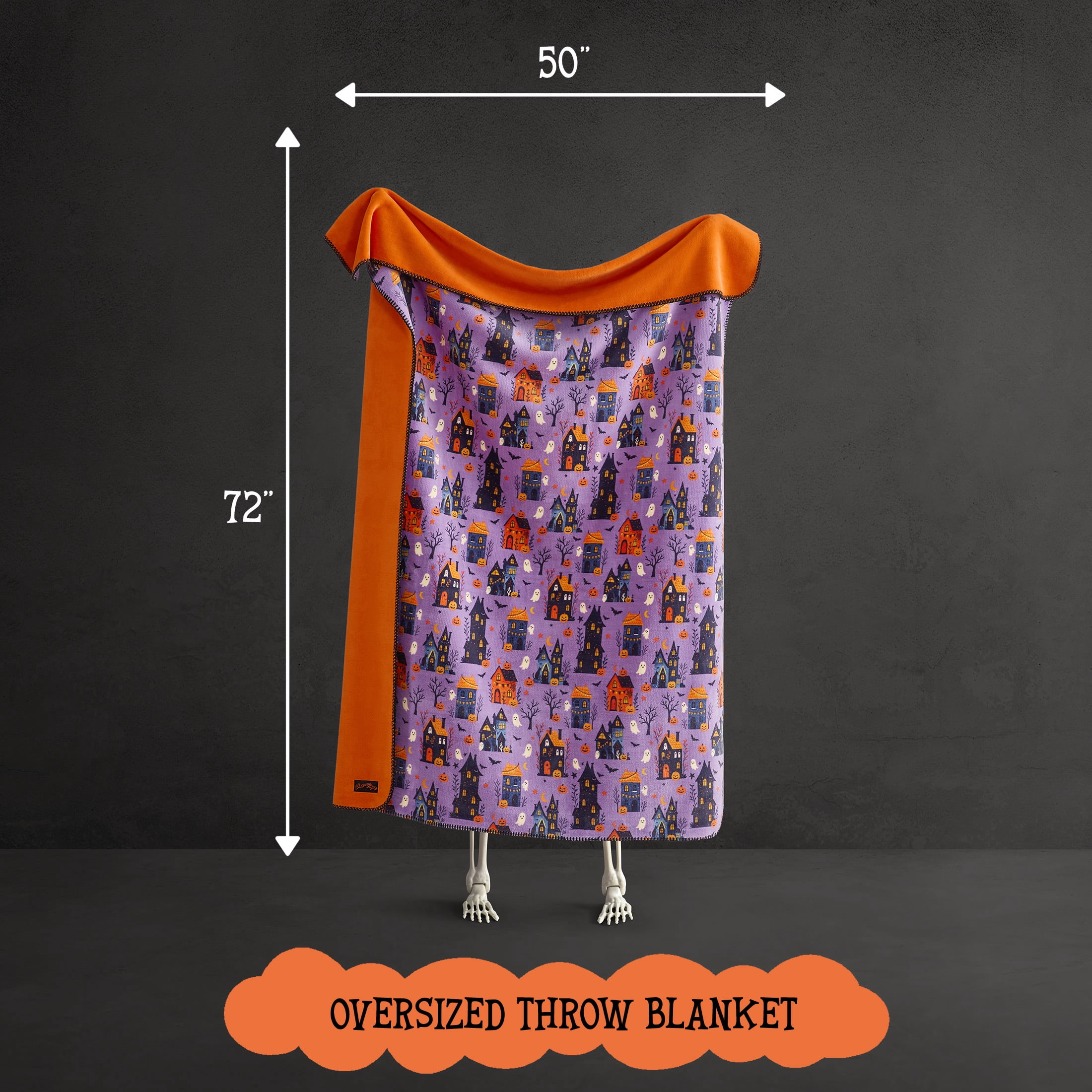 Boo-tique Halloween Reversible Oversized Couch Throw Blanket, Haunted Houses, Purple, 50 x 72 in