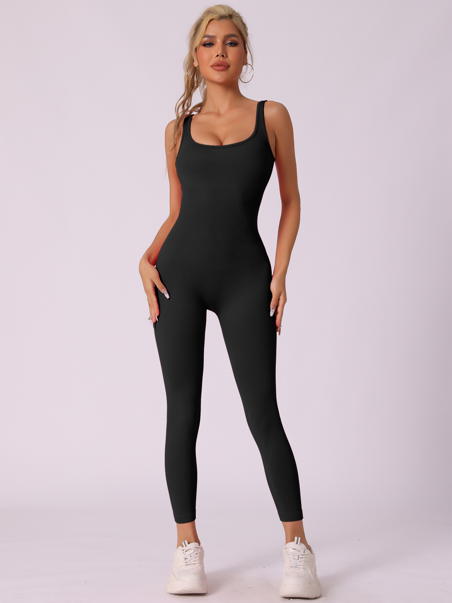 DARING DIVA U Neck Tummy Control Workout Sleeveless Bodysuit S Black