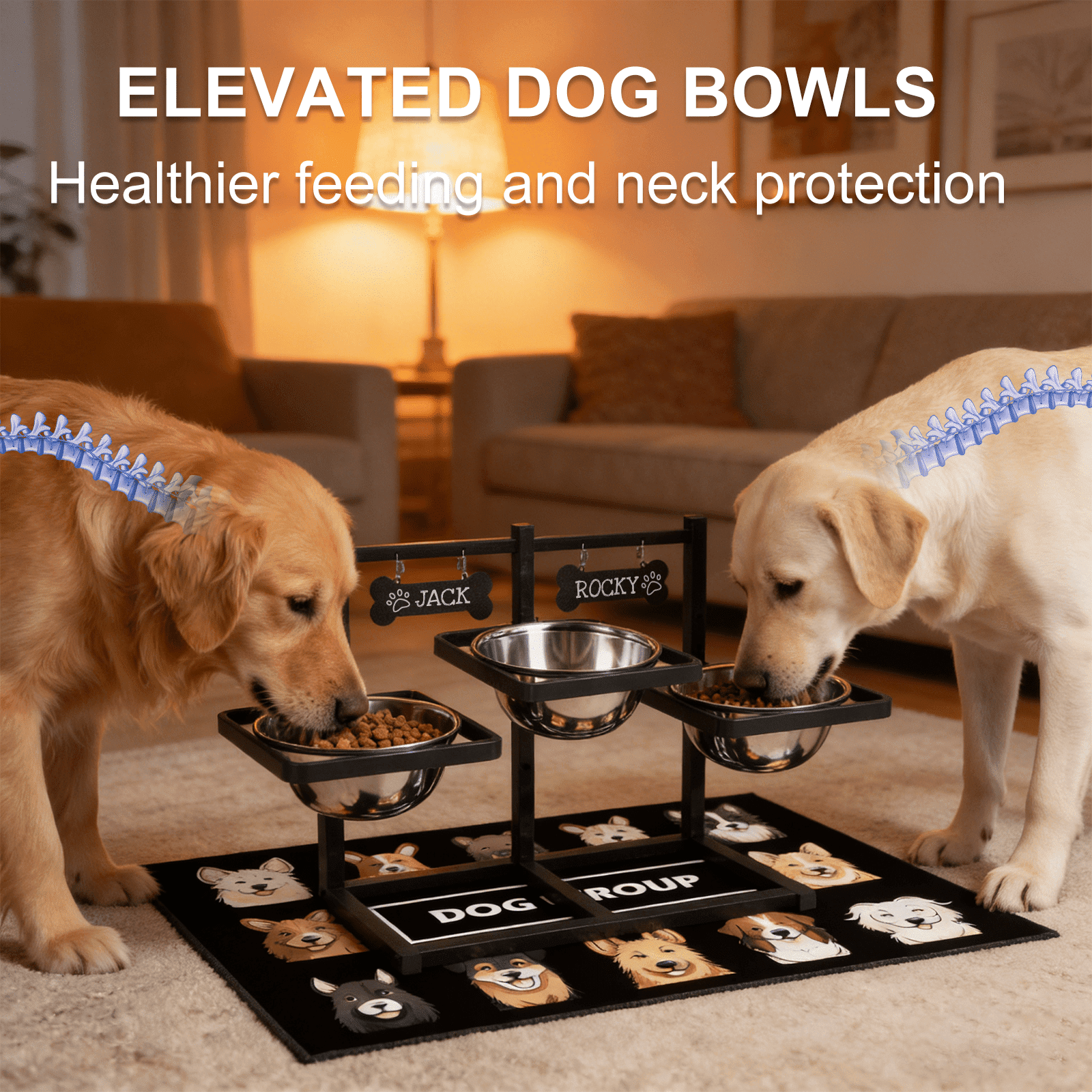Adjustable Height 3-Bowl Raised Dog Feeder Stand, Ergonomic Anti-Slip Pet Dining Station