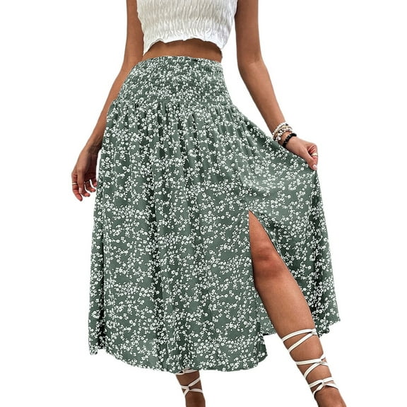 Women'S Print Long Skirts High Waist Split A Line Full Length Maxi Skirt Green S