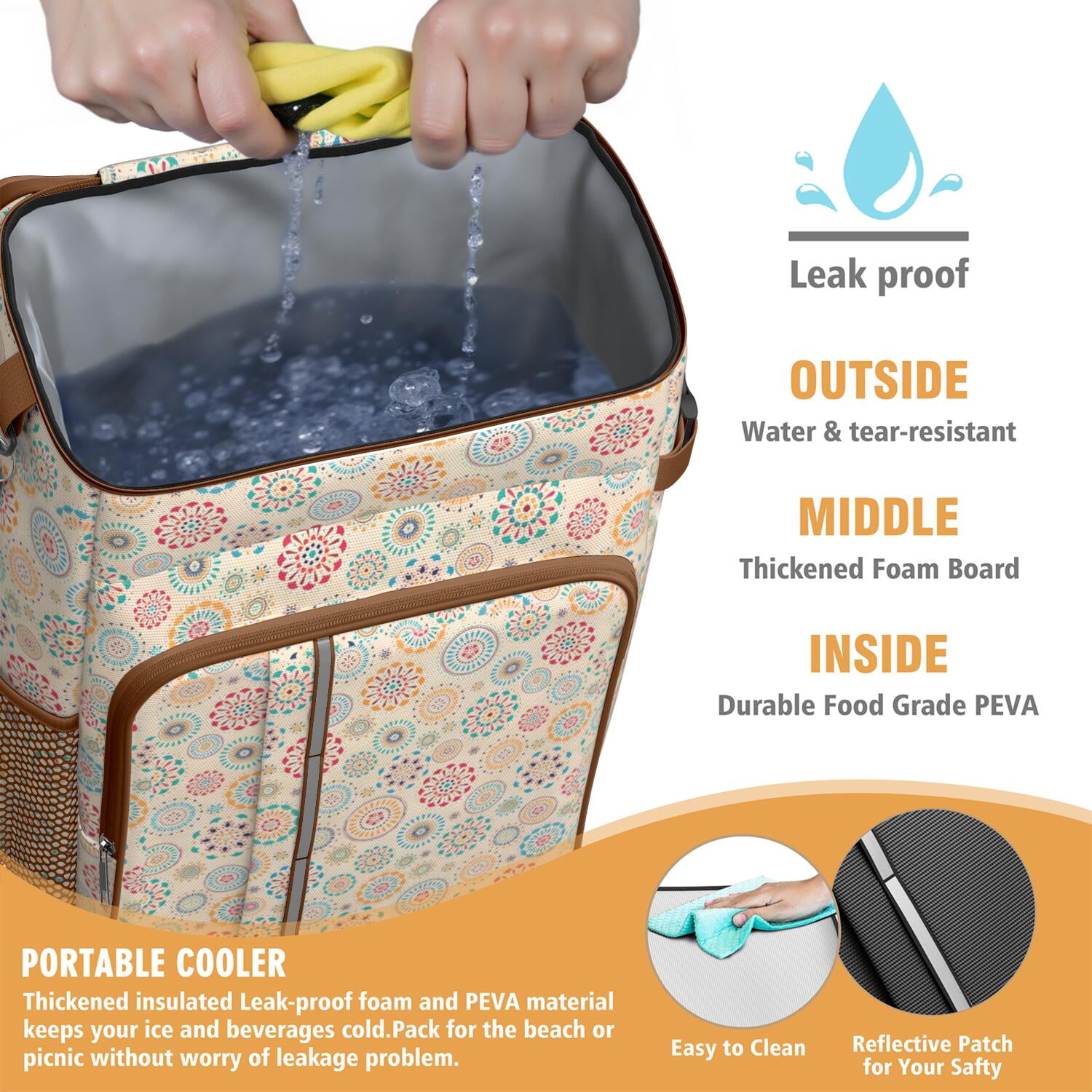 Travel Cooler Bag - Boho Bohemia Flower Camping Beer Cooler Backpack with Bottle Opener- Waterproof Insulated Picnic Backpacks - Cooler Bag for Beach