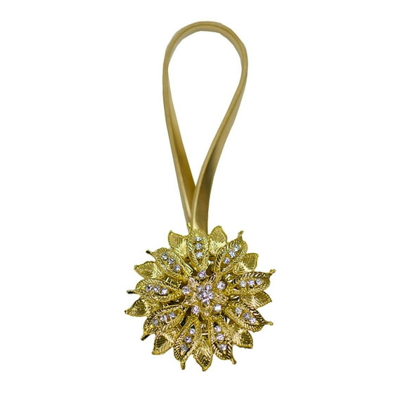 Yule Window Curtain Holdback Tieback, Decorative Magnetic Clip Drapery Tie Back, Elegant Bling Diamond Floral Design - Gold, Set of 2
