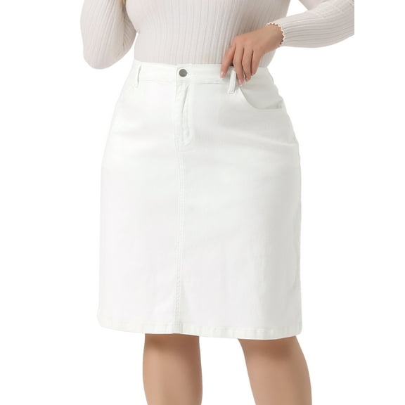 Unique Bargains Women's Plus Size Denim Elastic Waist Back Vent Jeans Skirts 1X White