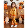 thumbnail image 6 of RUINIXCW Toddler Baby Girl Halloween Silk Stain Pajamas Set Kids Little Girl Fall Winter PJS Set Sleepwear Pumpkin Bat Fuzzy Trim Long Sleeve Button Down Shirt and Pants Set Loungewear Homewear, 6 of 9