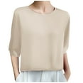 thumbnail image 2 of Ayolanni Loose Women's Blouses Ice Silk Beige Short Sleeve Round Neck Solid Blouses Teens Shirts XL, 2 of 3
