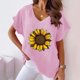 thumbnail image 2 of Camiseta de Manga Corta con Cuello en V con Impresión de Girasol, Algodón Casual Y Top de Cáñamo, 2 of 4
