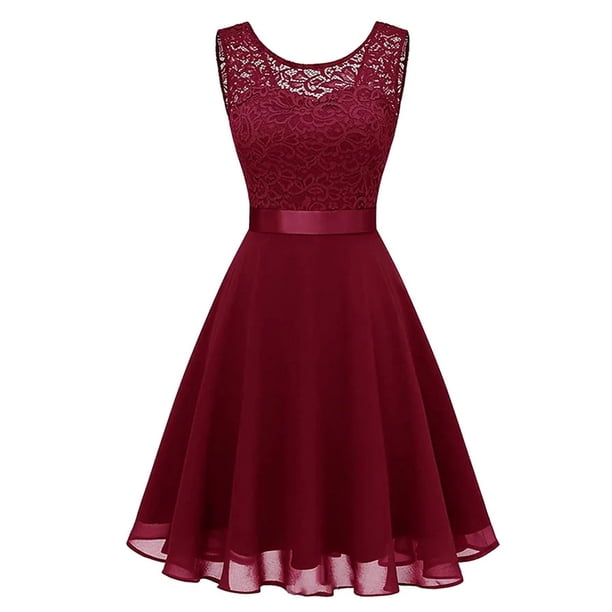Sonducket Vestido de mujer Color sólido Encaje Empalme Fiesta Citas Retro Swing Vestidos Mezcla de algodón Moda Ropa casual M Blanco Vestidos L Rot