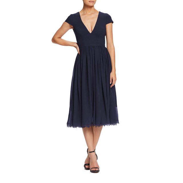 Dress the Population womens Corey Cap Sleeve Plunge Neck Fit and Flare Knee Length Dress, Midnight, Medium US