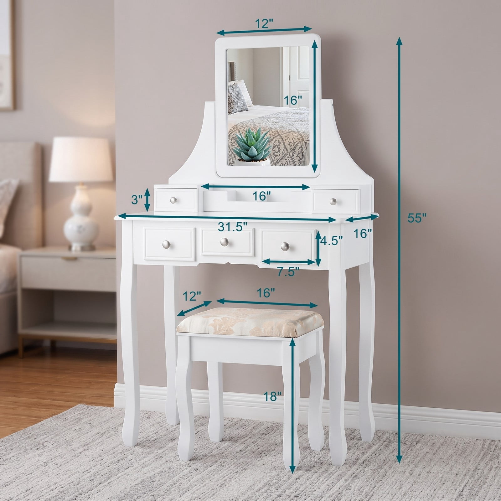 Furnibear Makeup Vanity Set with Rotatable Mirror 5 Drawers Cushioned Stool Removable Top Dressing Table for Bedroom, White