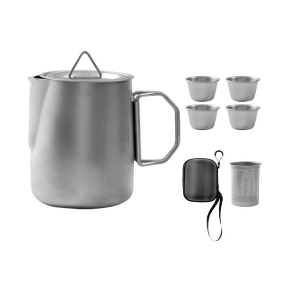 Taza de acero inoxidable para acampar, taza de café con tapa y 4 tazas de té, tetera, bolsa de almacenamiento para senderismo, picnic, juego de tazas