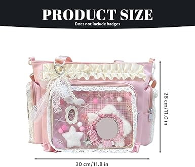 Kawaii Ita Bag with Clear Display Windows - Japanese Lace Ruffle Nylon Messenger Bag, Adjustable Strap, Y2K Cute Handbag for Pins, Badges & Accessories(XX-Pink)