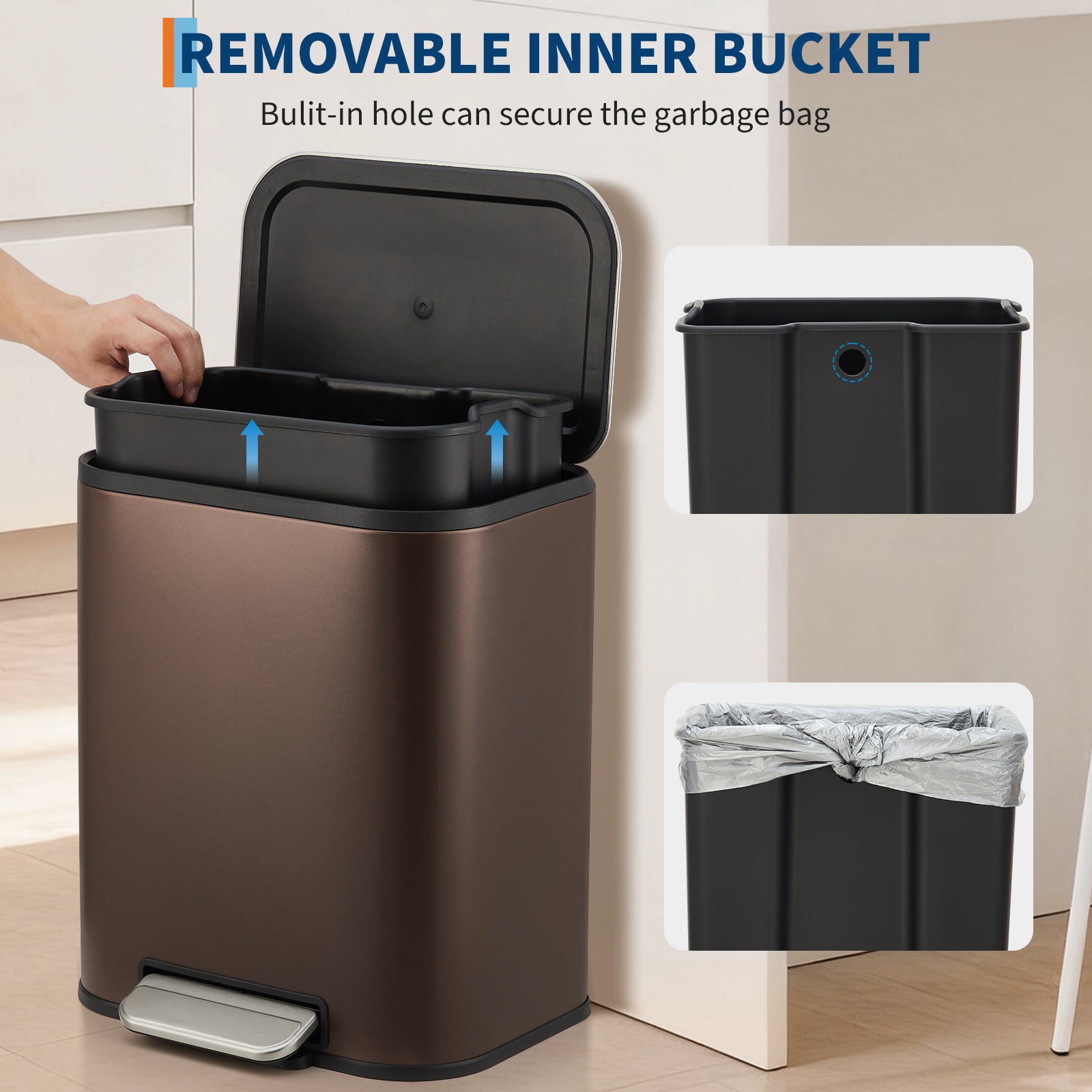 M optimized 20L Trash Can with Lid, 5.3 Gallon Stainless Steel Garbage Bin for Kitchen, Rectangular Trash Can with Step-On Pedal and Inner Bucket for Home Office Bathroom Living Room