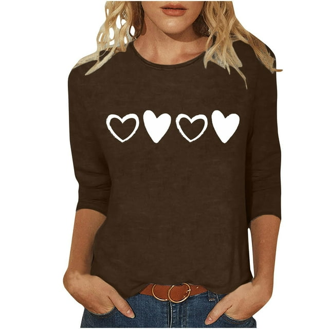 Plebaso Chemises à Manches 3/4 pour Femmes, Hauts Amples avec Cœur Mignon, Blouses Décontractées à Col Rond Imprimées