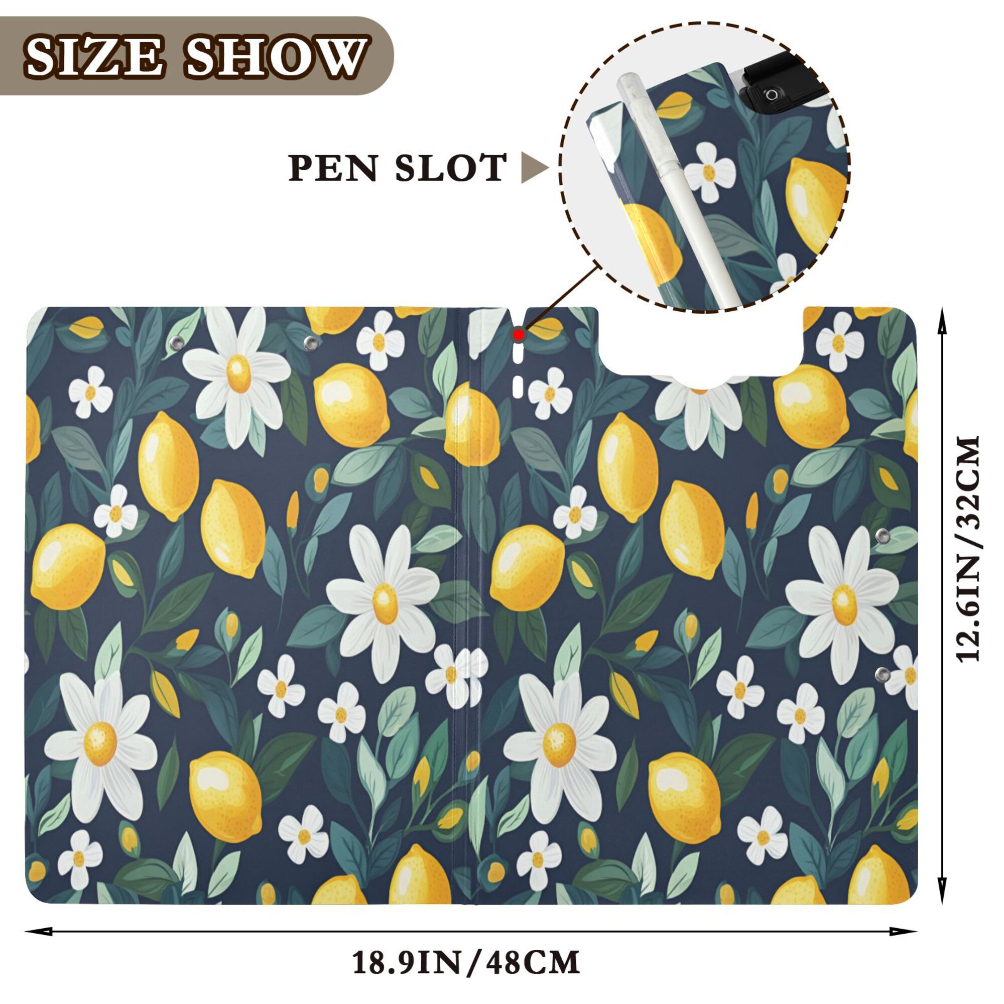 FORMRS A4 Clipboard Folder with Pen Holder Horizontal Foldable School Office Binder, Lemon Flowers