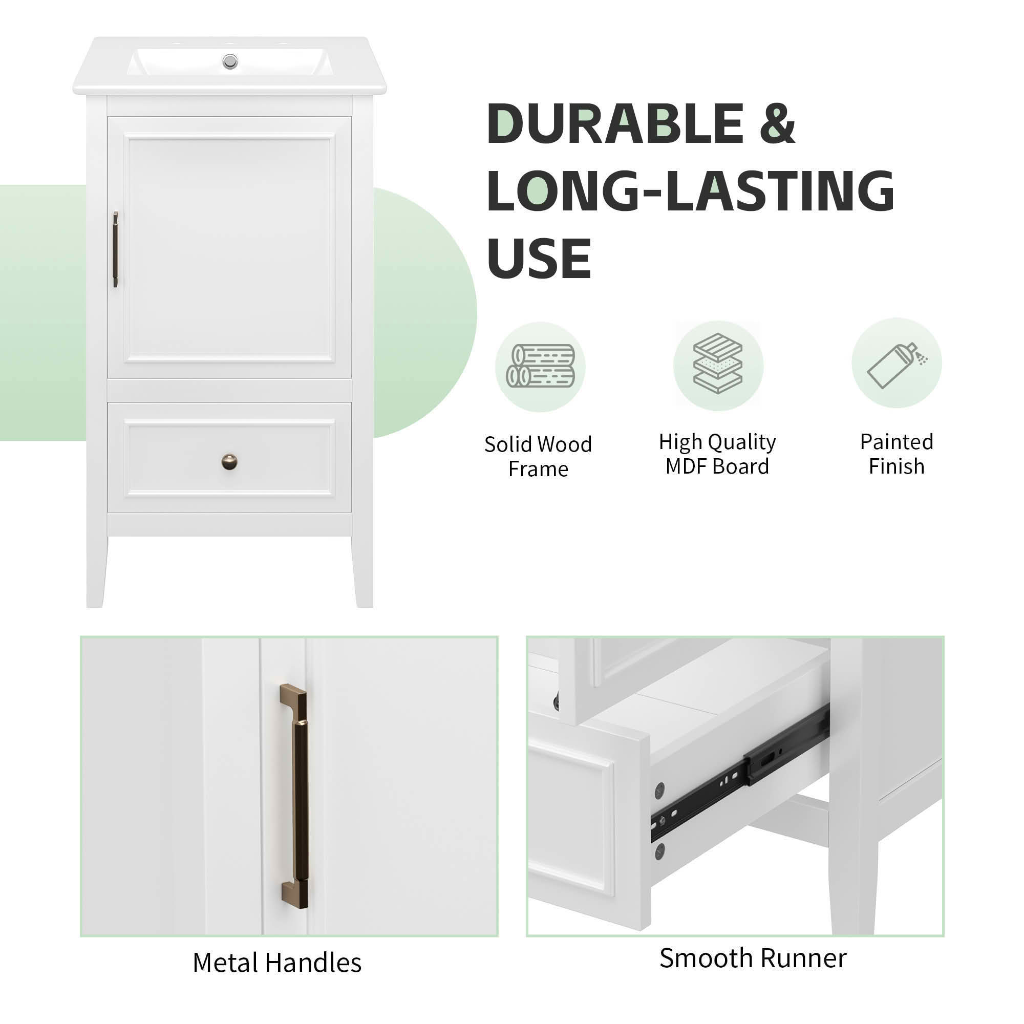 MAYEERTY 20" Bathroom Vanity with Sink 1 Door Shelf Adjustable Foot Pads Drawer White