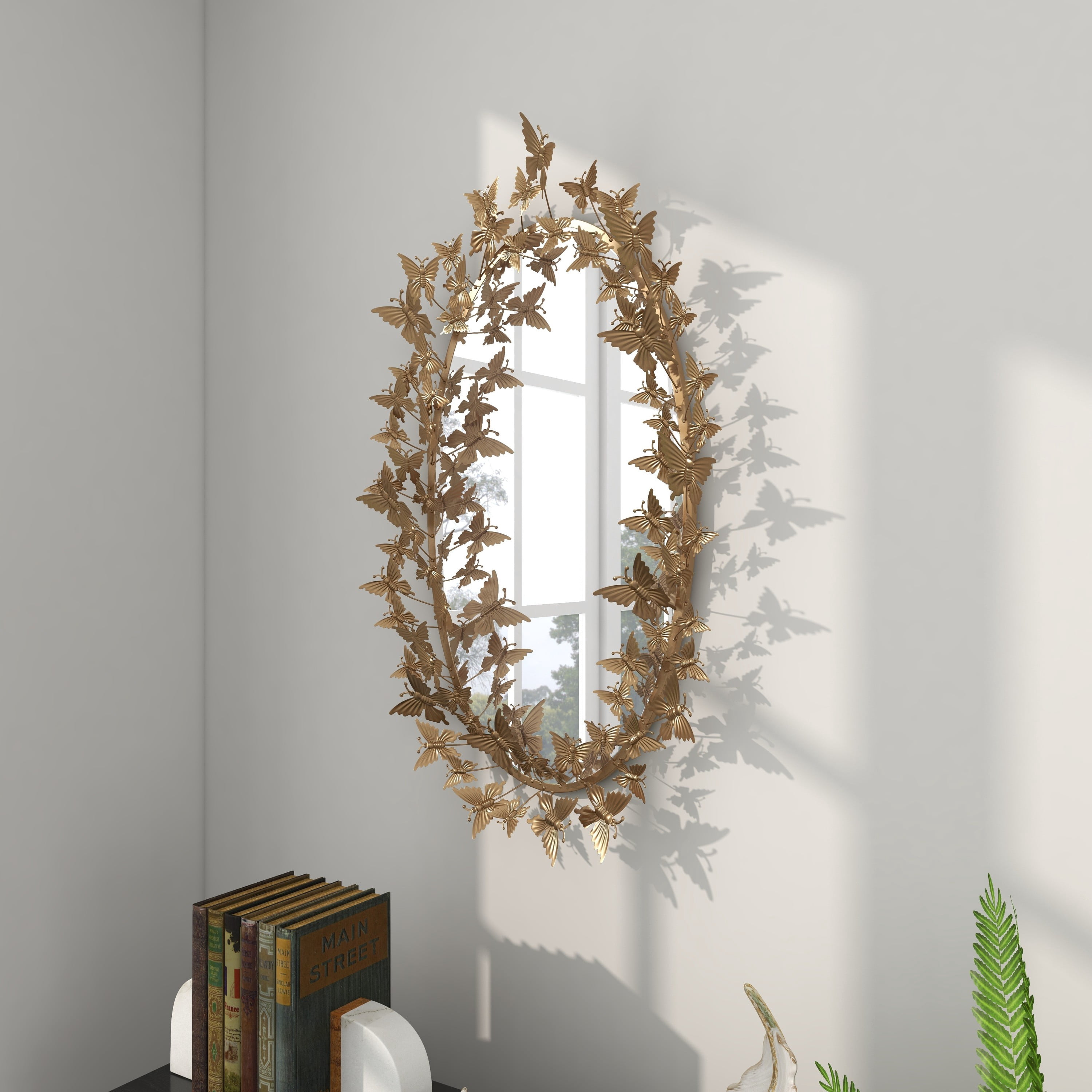 DecMode 19" x 33" Gold Oval 3D Butterfly Wall Mirror