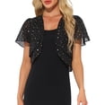 thumbnail image 1 of Bolero Shrug INSPIRE CHIC para mujeres, cárdigan corto de manga corta con estrellas brillantes metálicas, abierto en la parte delantera, color negro, 1 of 6
