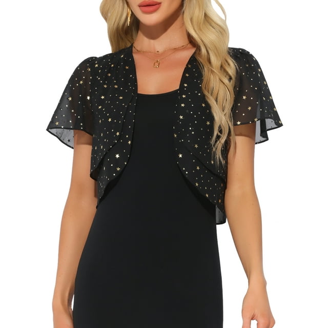 Bolero Shrug INSPIRE CHIC para mujeres, cárdigan corto de manga corta con estrellas brillantes metálicas, abierto en la parte delantera, color negro