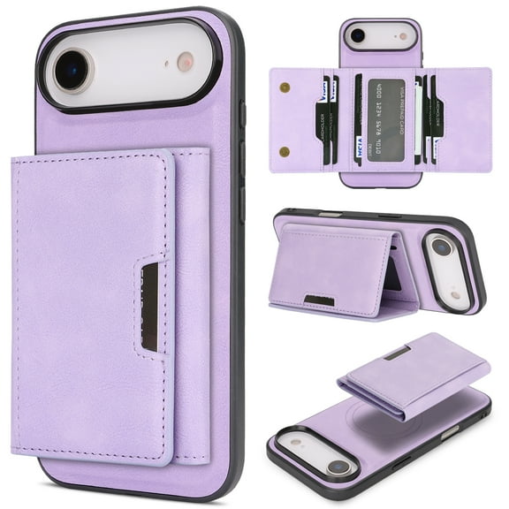 ELEHOLD For iPhone 17 Air Magnetic Wallet Case, Compatible Mag-Safe Accessories, with Magnetic Detachable Credit Card Holder, Shockproof PU Leather Kickstand Function Case Cover, Purple