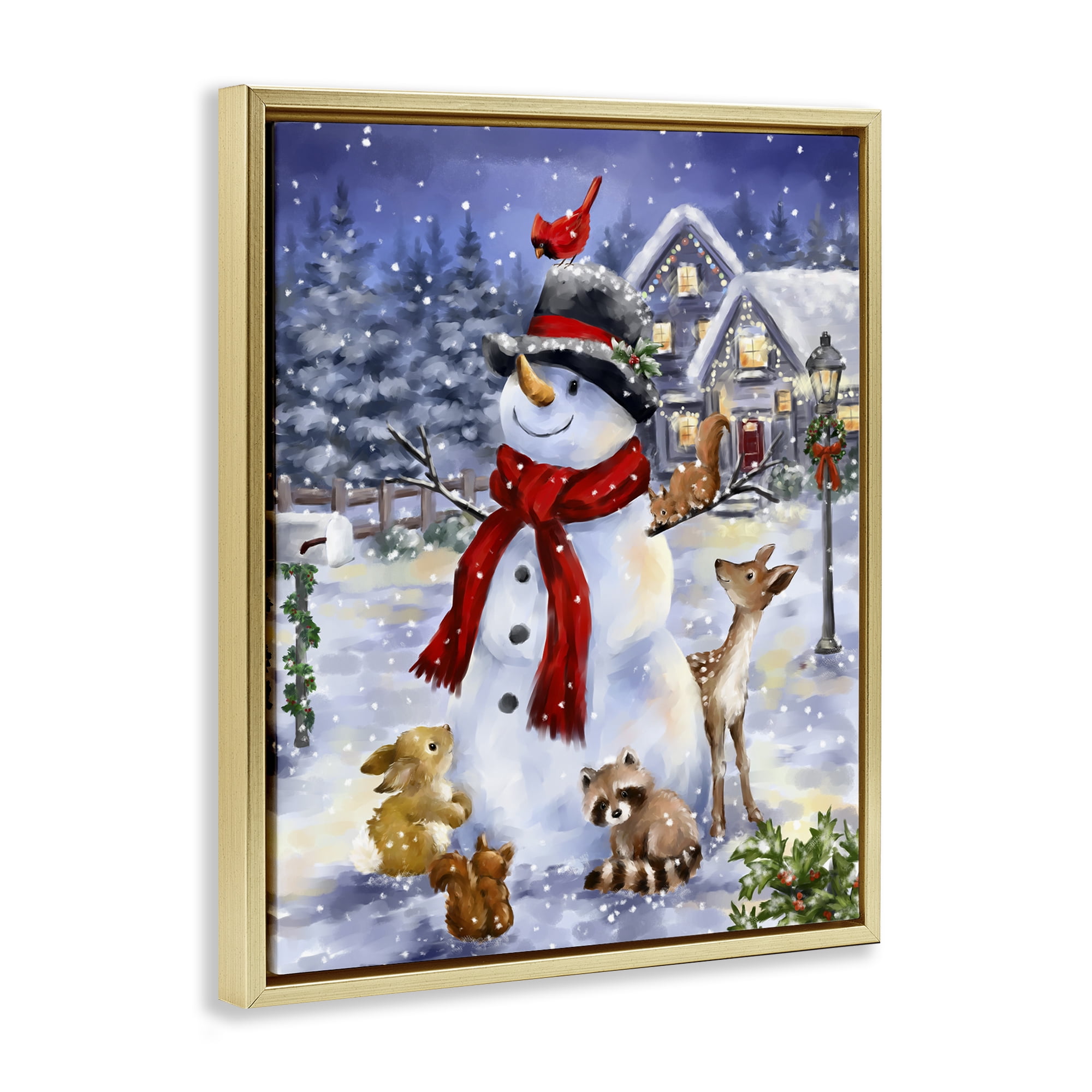 Stupell Industries Snowman & Forest Animals Holiday Painting Gold Floater Framed Art Print Wall Art, 25 x 31