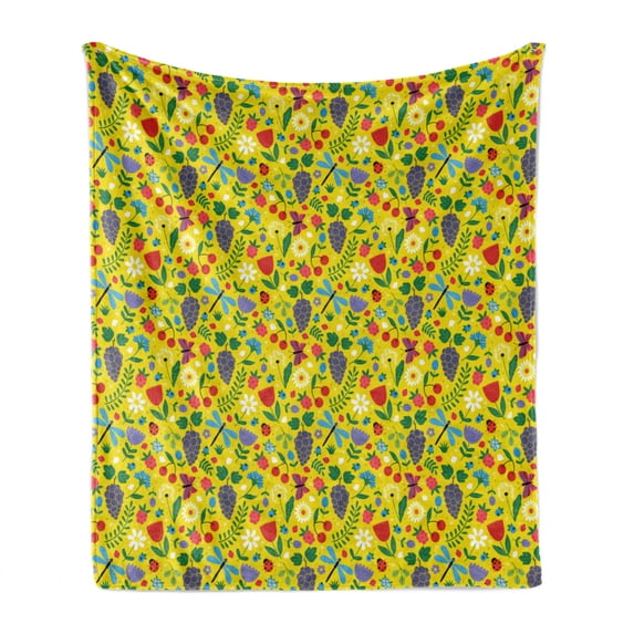 Nature Soft Flannel Fleece Throw Blanket, Hand-Drawn Sketch of Grapes Bugs Cherries Dandelions Summer Season Themed Print, Cozy Plush for Indoor and Outdoor Use, 50" x 70", Multicolor, by Ambesonne
