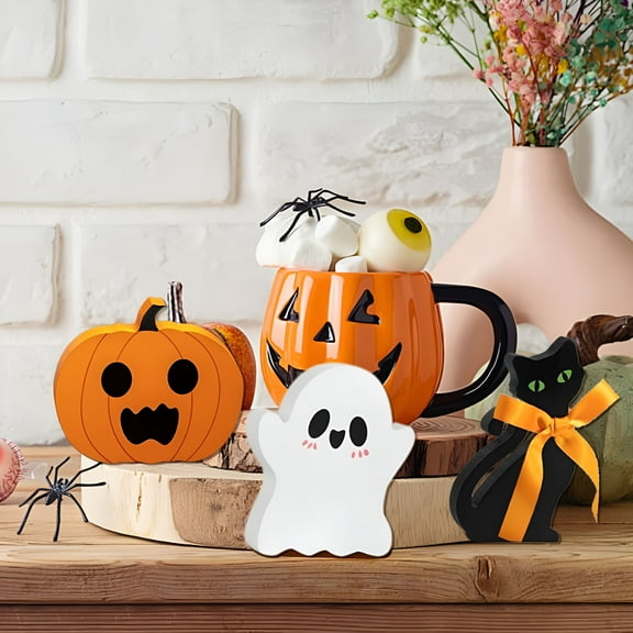 LAMIRO 3PCS/Set Tiered Tray Decor Cute Black Cat,Ghost and Pumpkin Decorations Table Decor Wooden Decor for Home Mantle Fireplace Shelf