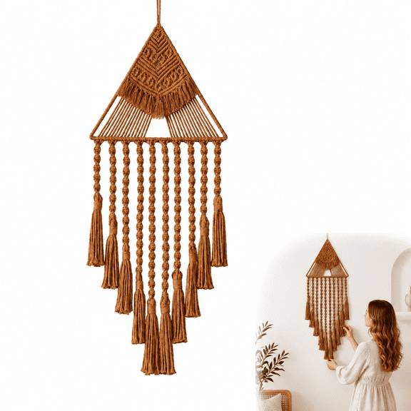 Boho Triangle Tassel Dream Catcher Wall Hanging, Brown Handmade Bohemian Home Wall Decor