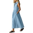 thumbnail image 5 of Women's Cotton Sleeveless Shirt Dress Collared Button Down Solid Color Casual Long Maxi Dress with Pockets Sky Blue XL(XL), 5 of 6