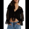 thumbnail image 2 of Blusa Playera con Volantes y Cuello en V Transparente de con Ribete de Encaje y Larga con Lazo Frontal para Mujer Negro S, 2 of 8