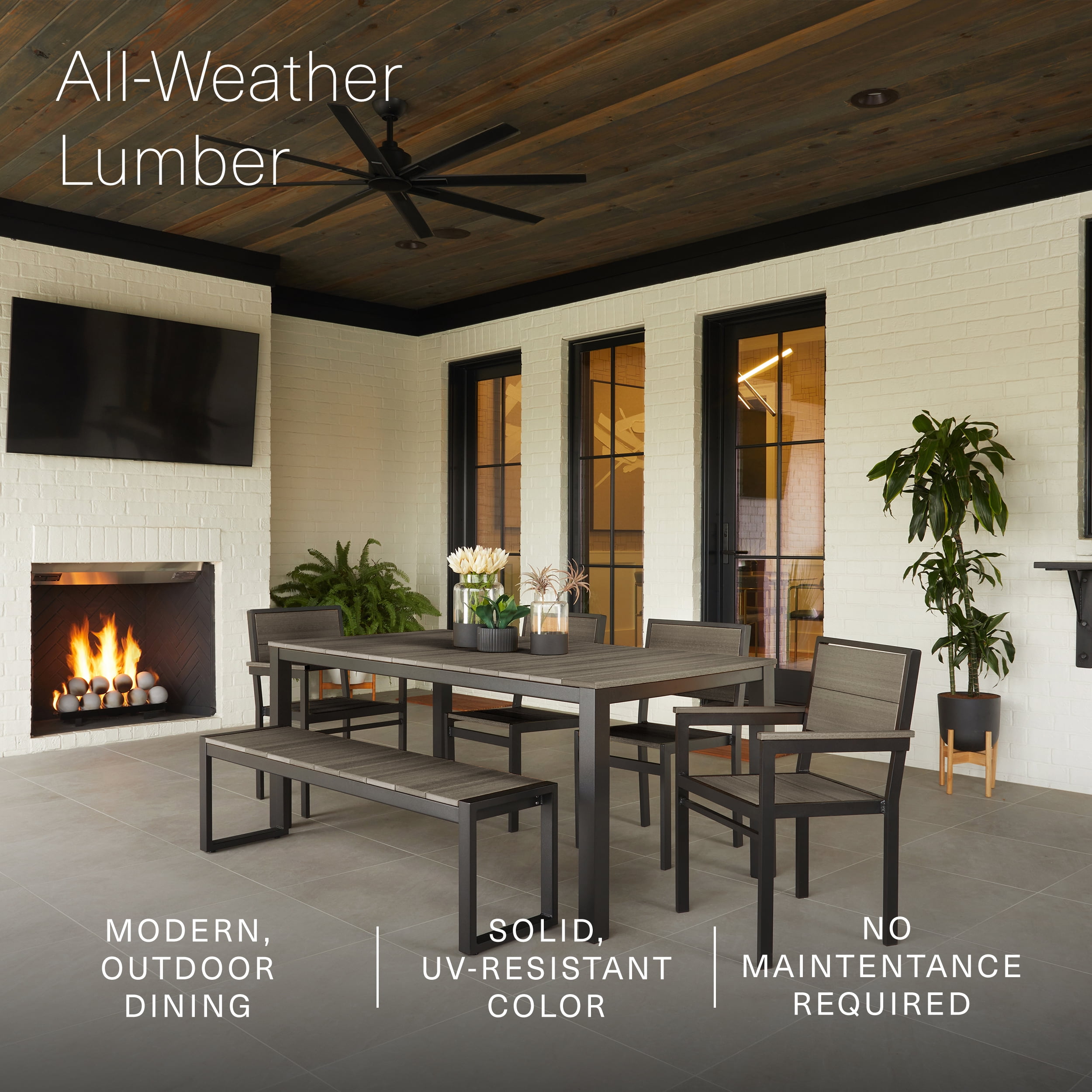 DuroGreen Park City 72" Rectangular 6-Pc Outdoor Dining Set, 1 Table/1 Bench/4 Chairs Made With All-Weather Tangent Sustainable Lumber, High End Patio Furniture, Black with Coastal Gray