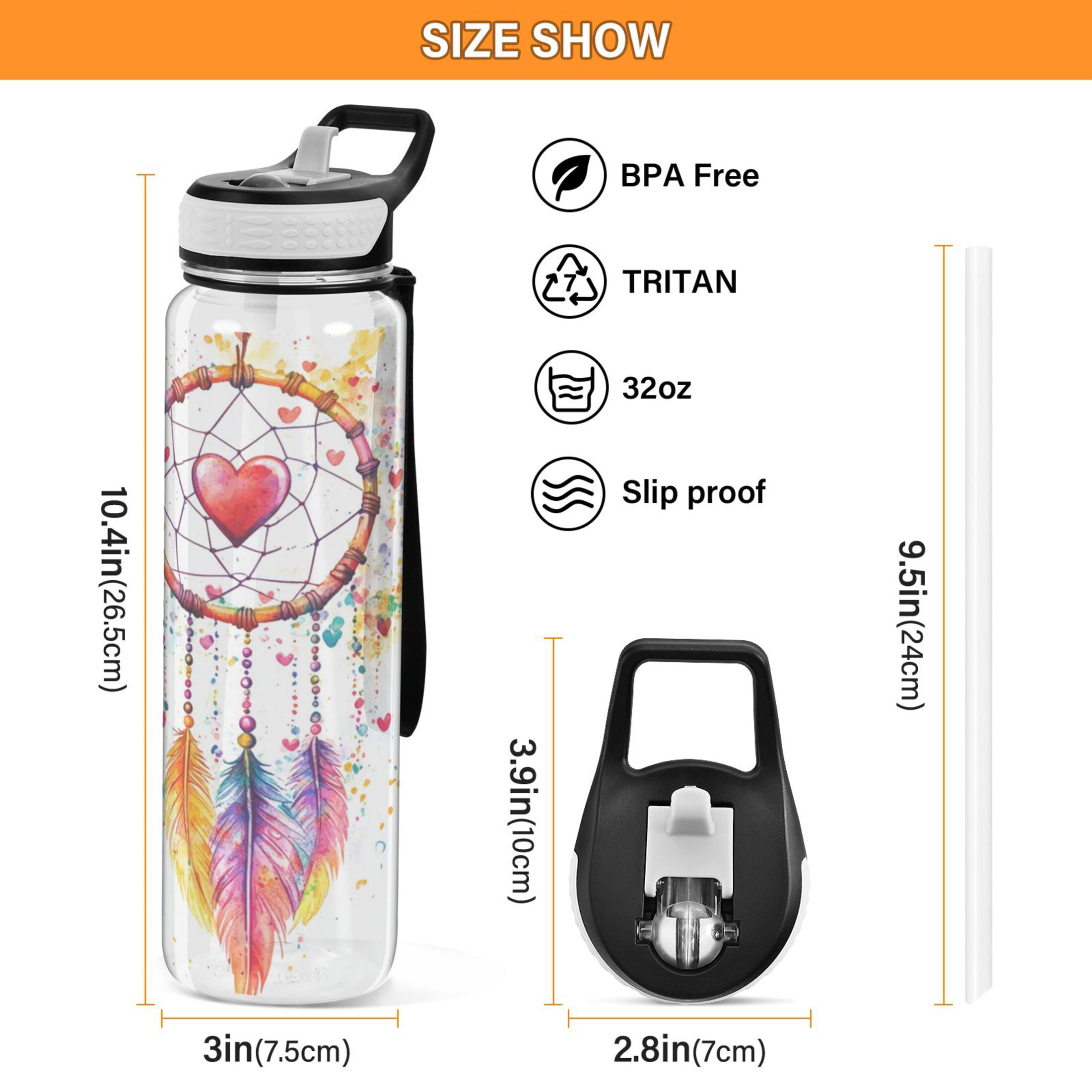 Motivational Water Bottle 32 oz with Straw, BPA Free Reusable Fitness Sport Bottle Perfect for Travel, School, Outdoors, and Gym Dreamcatcher