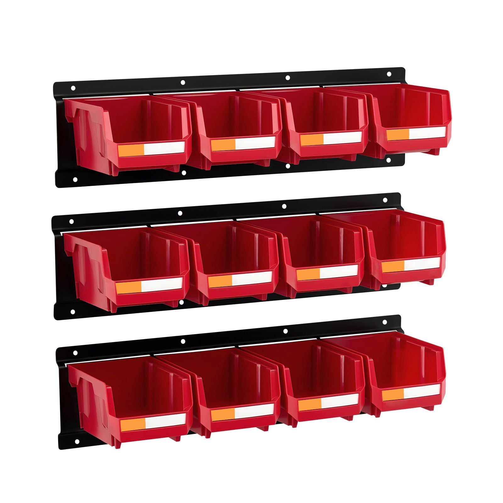 Wall Mounted Storage Bins 12-Pack with 3 Metal Rails for Garage Workshop Craft Room