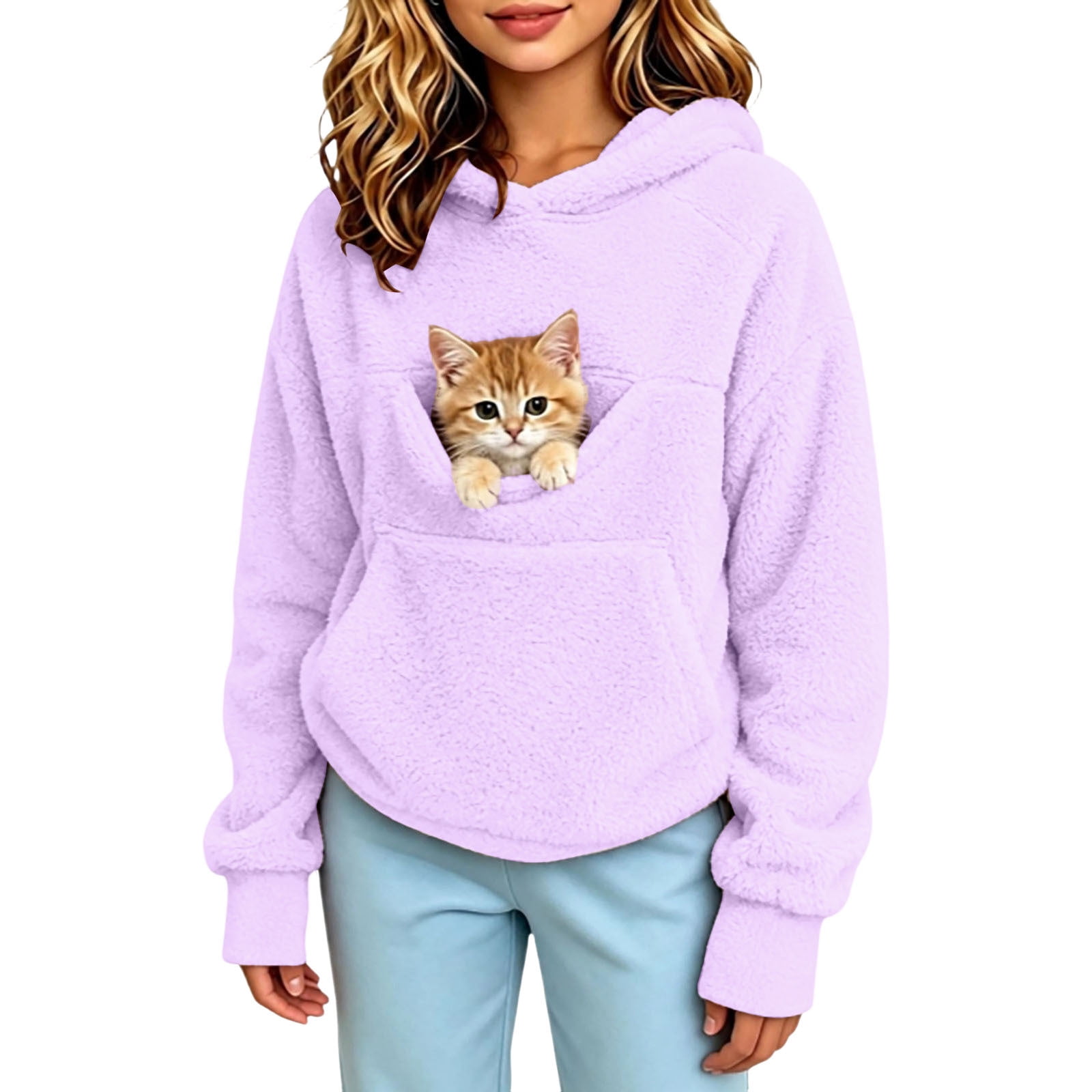 Kids Girls Hoodies with Pet Pocket Solid Color Long Sleeve Fall and Winter Fleece Sweatshirts Soft Hooded Pullover Tops For Small Dogs Cats 13-14 Years