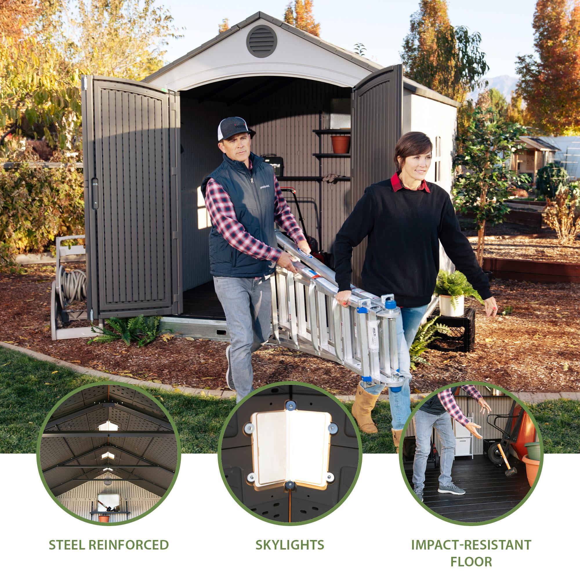 Lifetime Lockable Polyethylene Storage Shed, 90 Sq. ft., 8' x 12.5', Tan & Brown (6402)