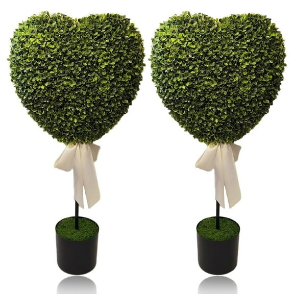 FYHALE 2PCS Valentine's Day Heart-shaped Topiary, 32" Artificial Boxwood Topiary Trees with Bow, Faux Topiary Tree for Porch, Home, Garden Decor, Spring Valentine's Day Easter Decoration